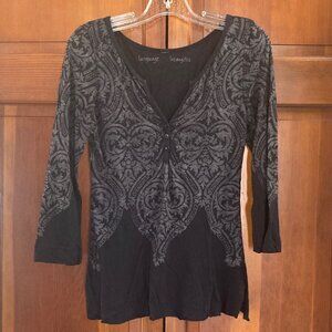 LANGUAGE Los Angeles Black & Gray Pattern Beaded V-neck T Shirt - 3/4 Sleeve - M